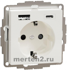 Розетка электрическая Merten со шторками с зарядным устройством USB-A+C (Полярно-белый)