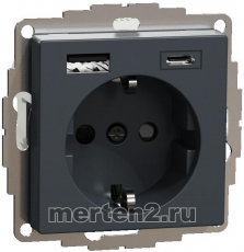 Розетка электрическая Merten со шторками с зарядным устройством USB-A+C (Антрацит)