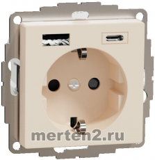 Розетка электрическая Merten со шторками с зарядным устройством USB-A+C (Бежевый)