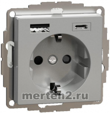 Розетка электрическая Merten со шторками с зарядным устройством USB-A+C (Алюминий)